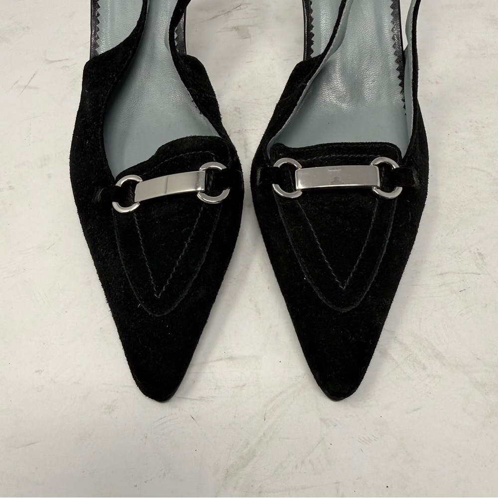 BCBG Black Suede Pointed Toe Heel Sling Back Shoes Retro Party Women’s US 9 B - Picture 2 of 9